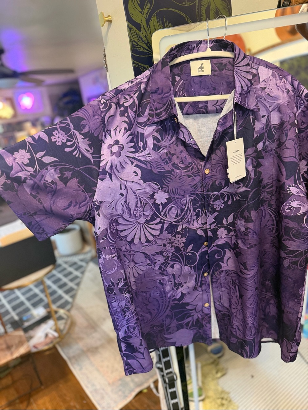 Men's Floral Short-Sleeve Button-Down Shirt - Purple
